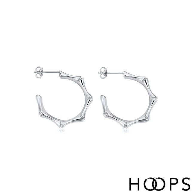Sterling Silver 30mm Half Hoop Bamboo Design Earrings