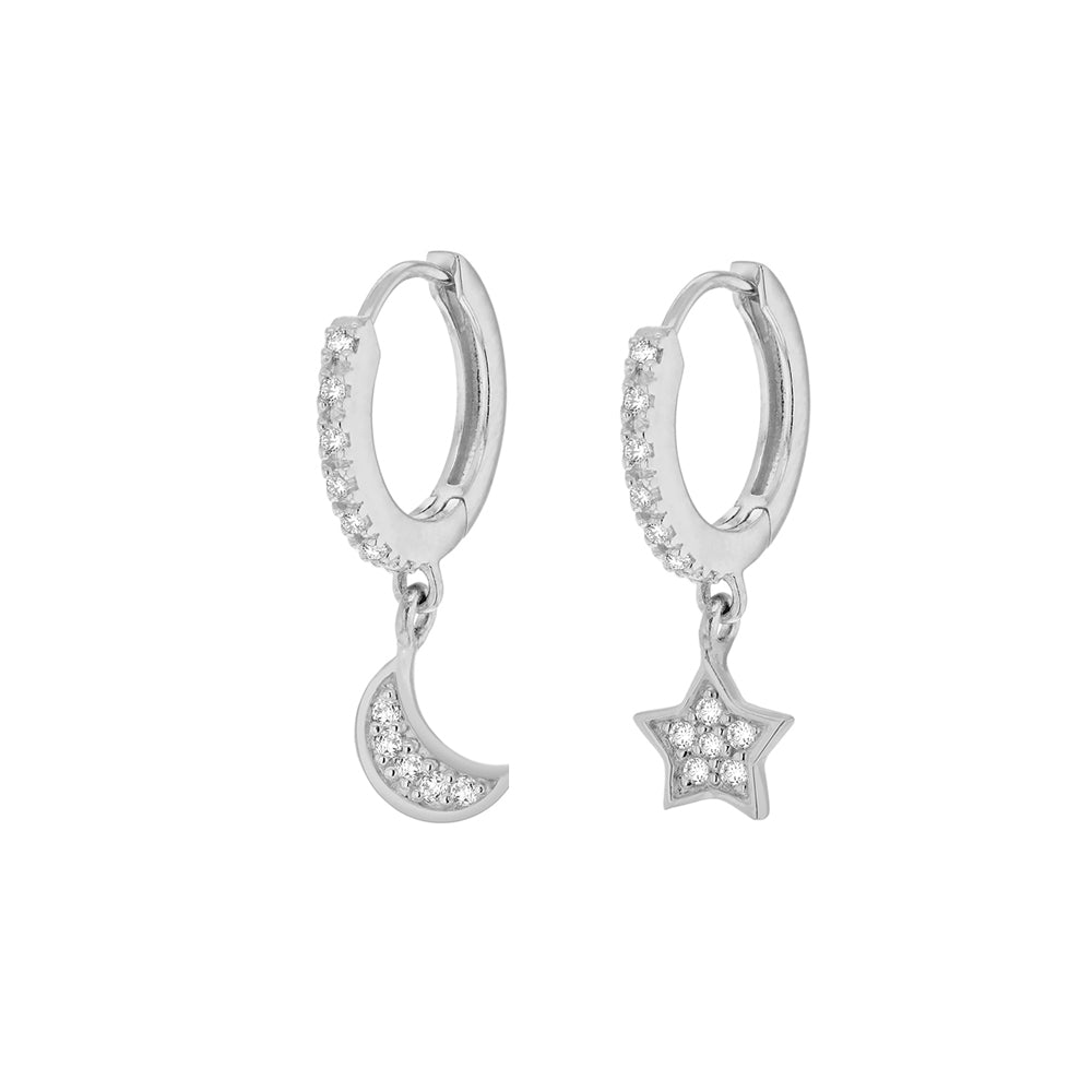 Sterling Silver Stone Set Star and Moon Hoop Earrings image 1