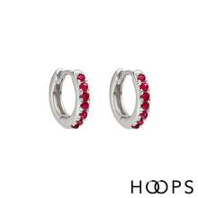 Load image into Gallery viewer, Mini Ruby Silver Clicker Huggy Hoop Earring
